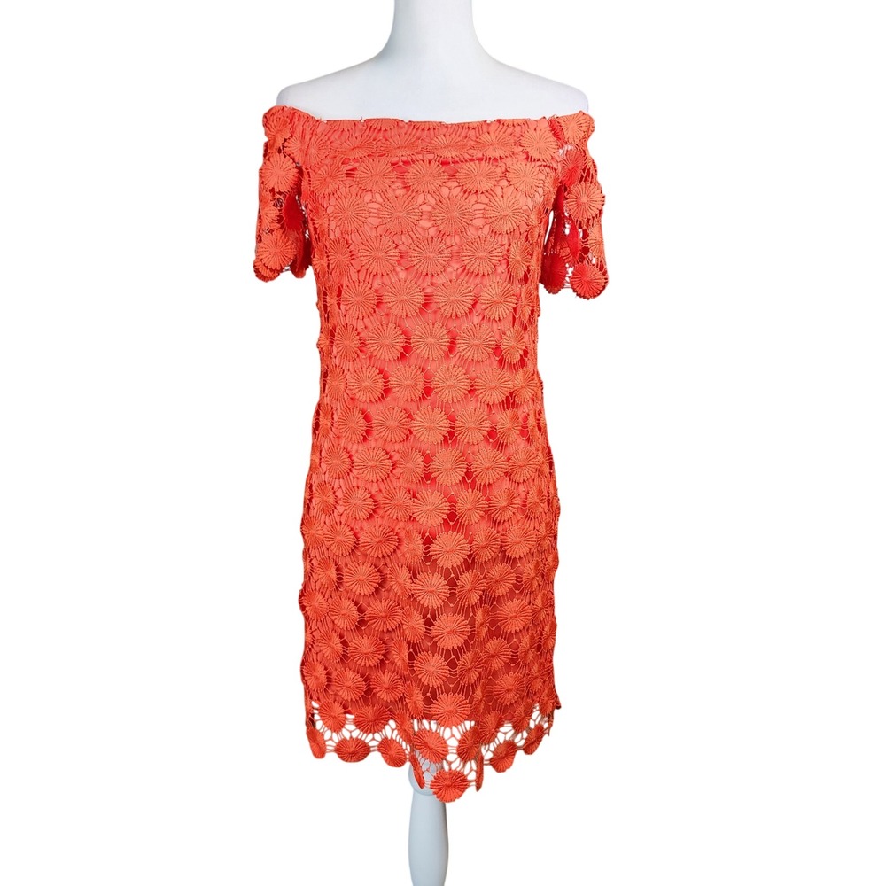 Trina Turk Spring Wedding Guest Dress XS Orange Crochet Lace Off Shoulder Mini